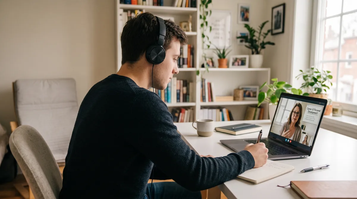 Studente segue una sessione di mentorship online e prende appunti